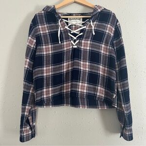 Garage Cropped Hooded Flannel Blue Pink Plaid Casual Streetwear Small